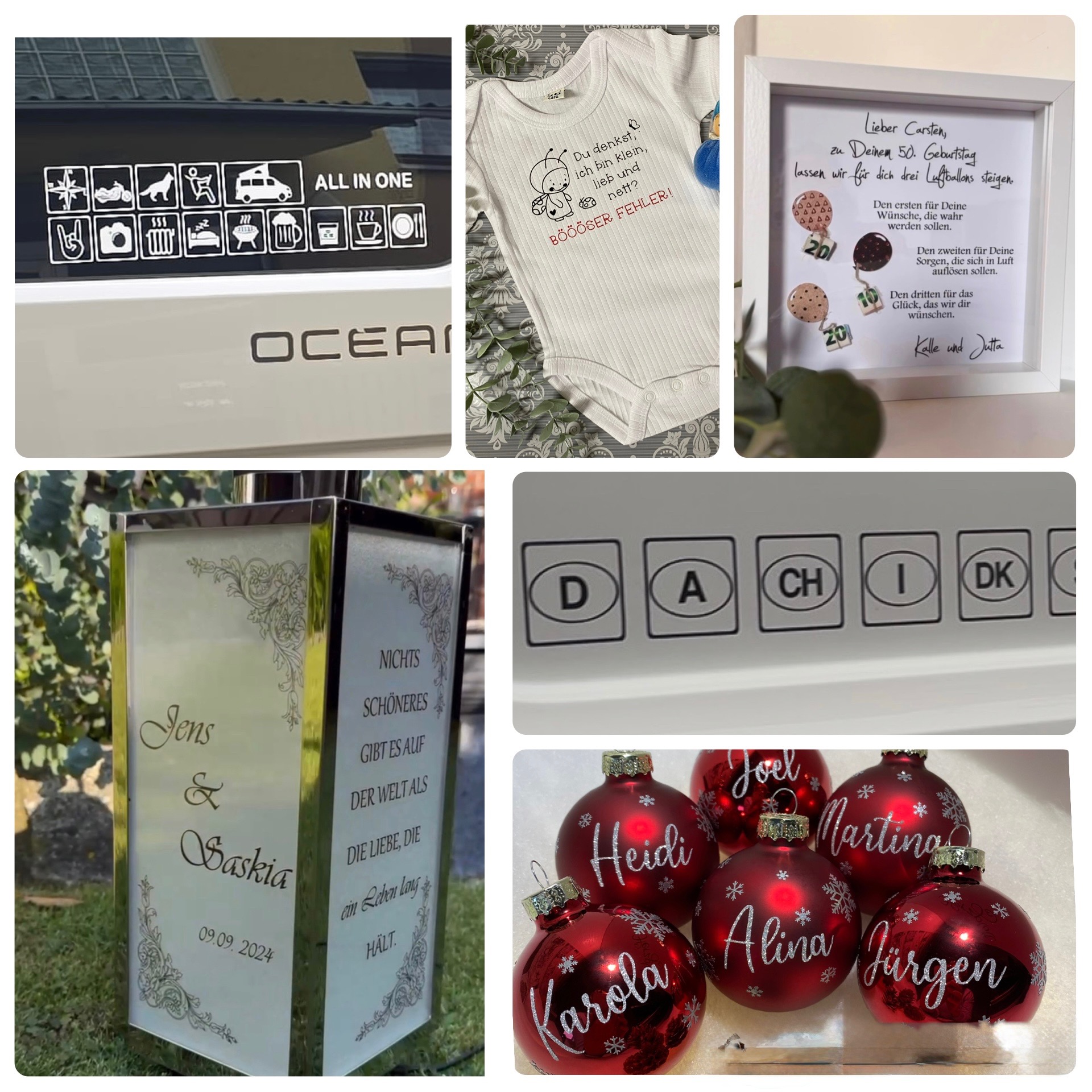 Collage aus Autoaufklebern, Babybody, Geburtstagsrahmen, Hochzeitslaterne, Länderstickern und Weihnachtskugeln